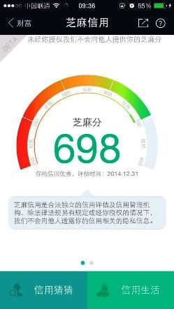 A screenshot from the Sesame Credit app, showing score 698 on a scale from 350 to 950.