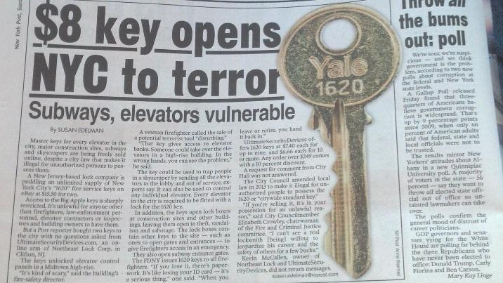 The New York Post has a scare story that a master key is on the loose, and publishes a huge image of it