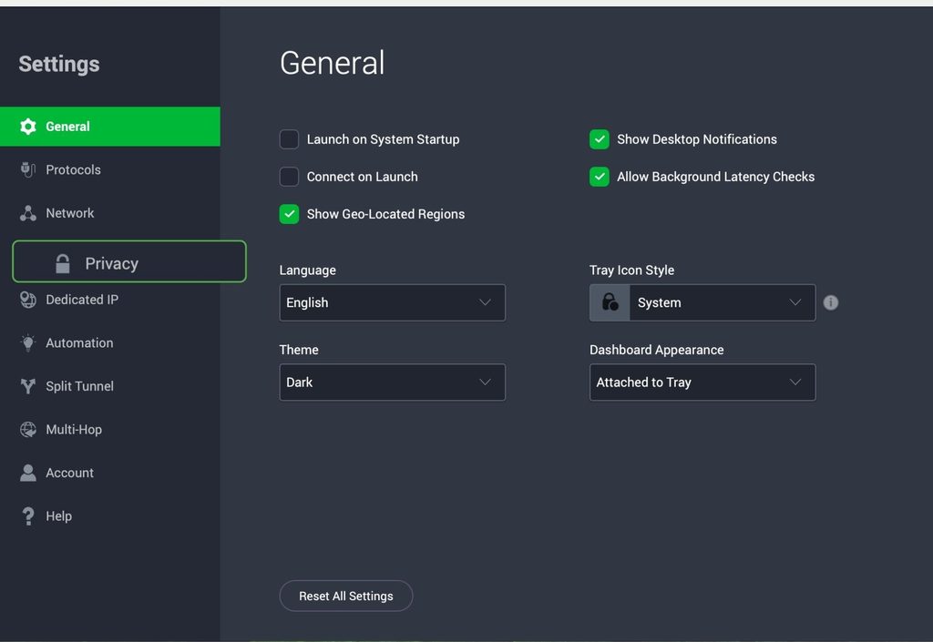 PIA desktop app Settings window with Privacy highlighted in the left-hand menu