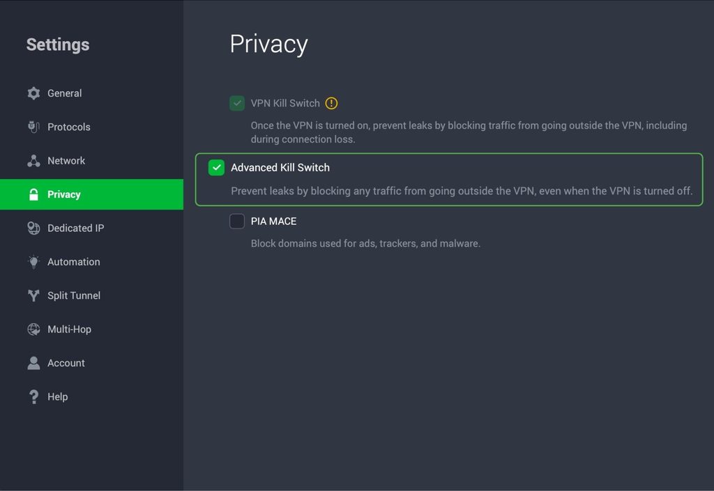 PIA desktop app Privacy settings with Advanced Kill Switch option checked