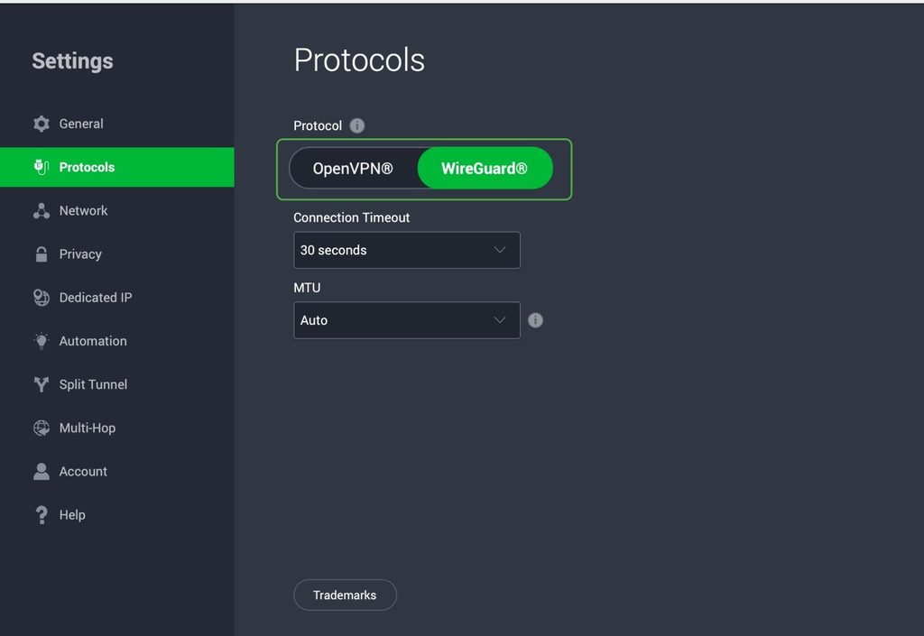 PIA macOS app Protocols menu with WireGuard selected