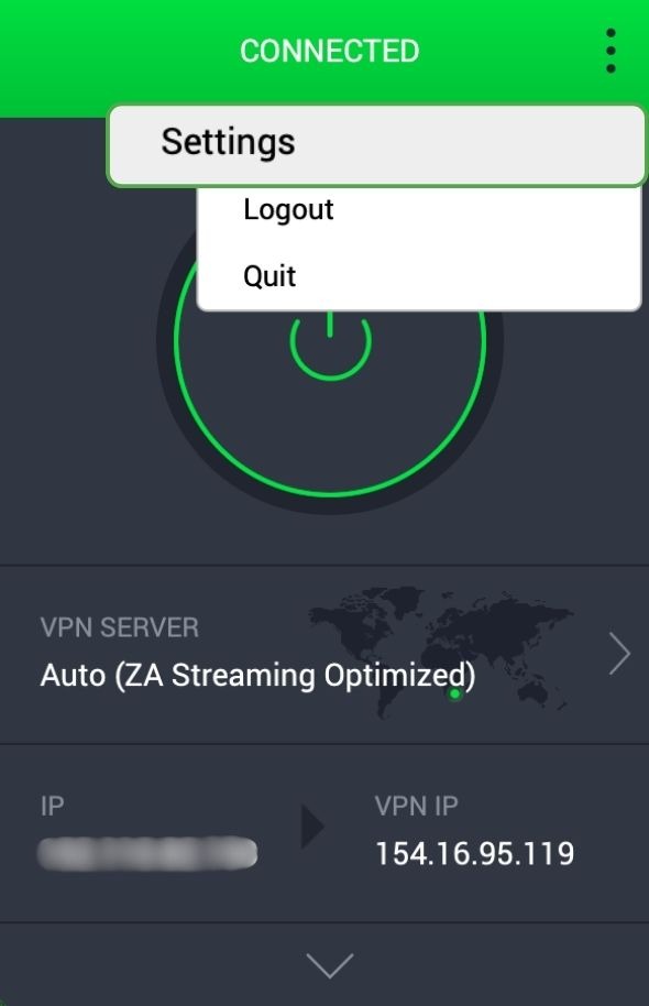PIA desktop app with home menu open and Settings highlighted