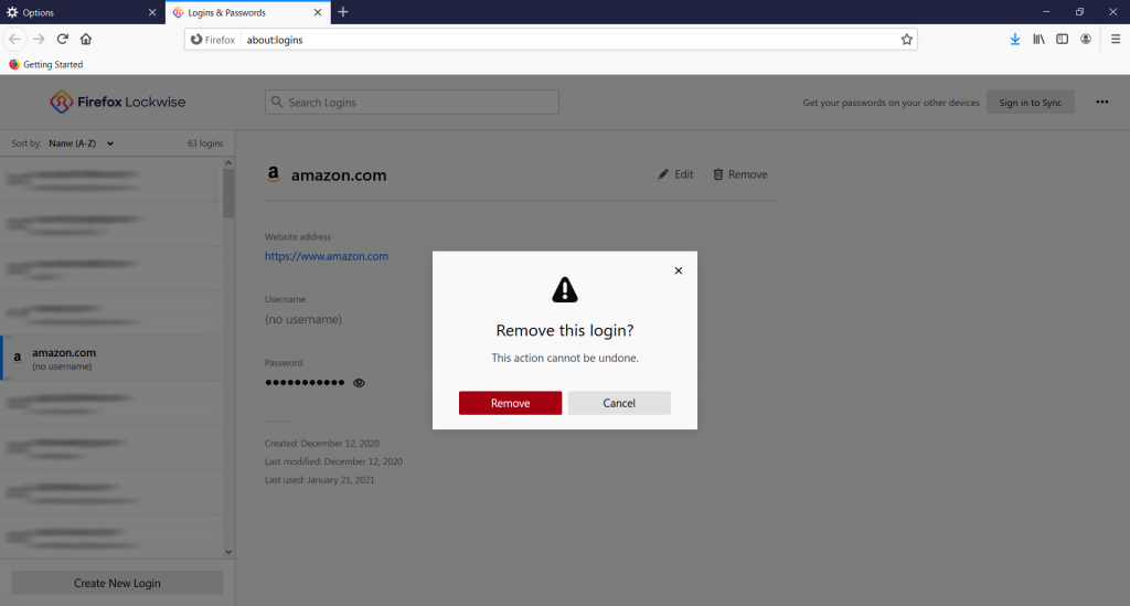 Firefox Remove Password button