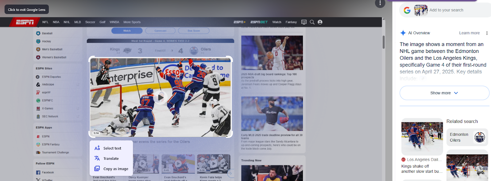 Google Lens analysiert ein Bild von einem NHL-Spiel.