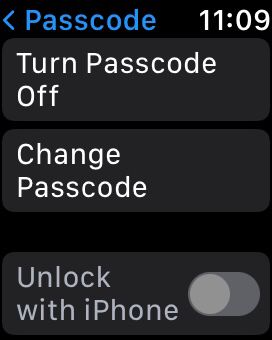A smartwatch displaying the Passcode option
