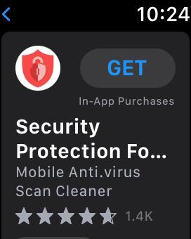 smartwatch screen displaying the app store with the search results for an antivirus app