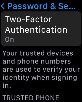 A smartwatch displaying the Password and security option in the settings menu