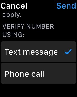  a screenshot of a smartwatch displaying a verification prompt, asking the user to confirm their phone number through a text message or phone call