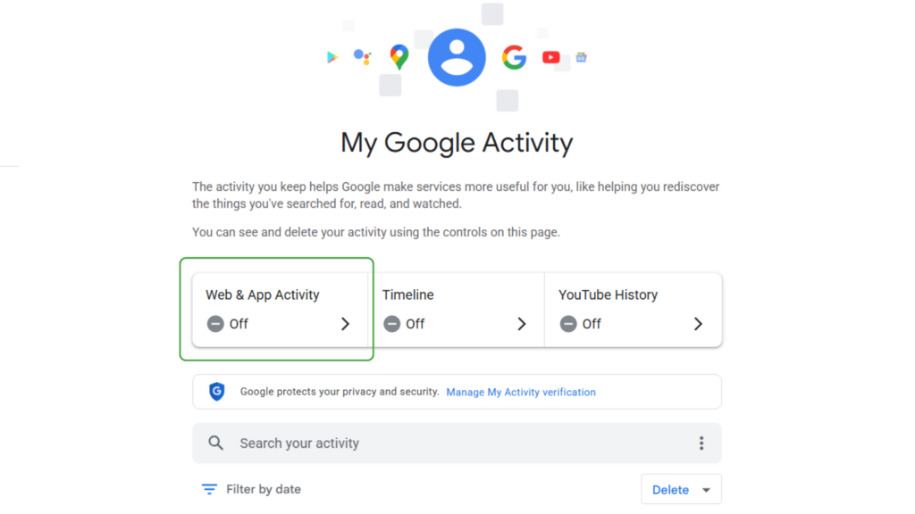 My Google Activity screen with Web & App Activity highlighted.