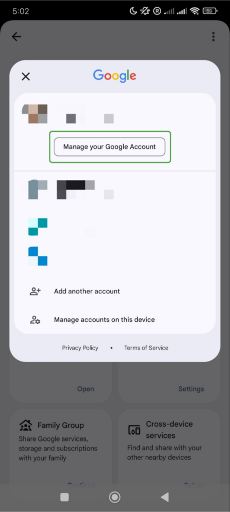 Android phone screen showing the Manage your Google Account button.