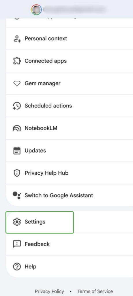 Gemini app with Settings in the menu highlighted.