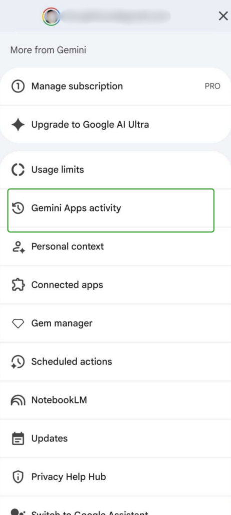 Gemini app screen with Gemini Apps activity option highlighted.
