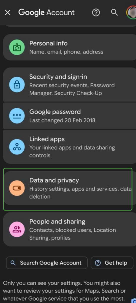 Android phone screen showing the Data and privacy option highlighted.