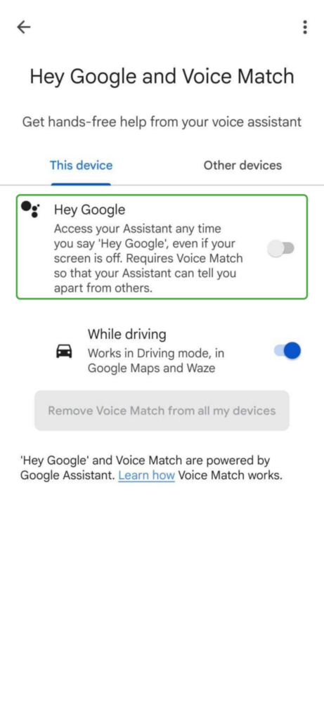 Hey Google and Voice Match Settings screen with Hey Google assistant option turned to off.