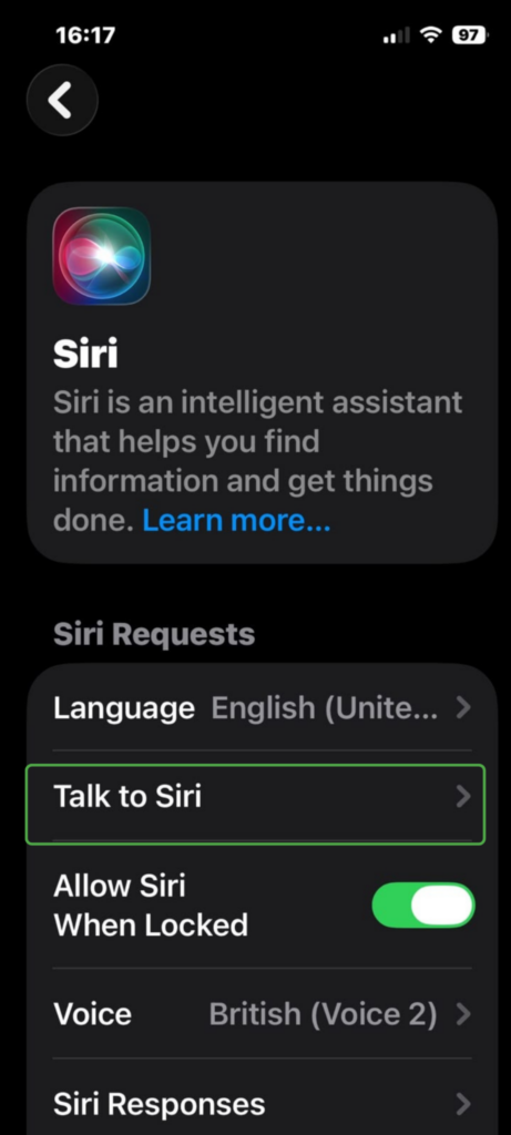 iPhone Siri menu with Talk to Siri selected.