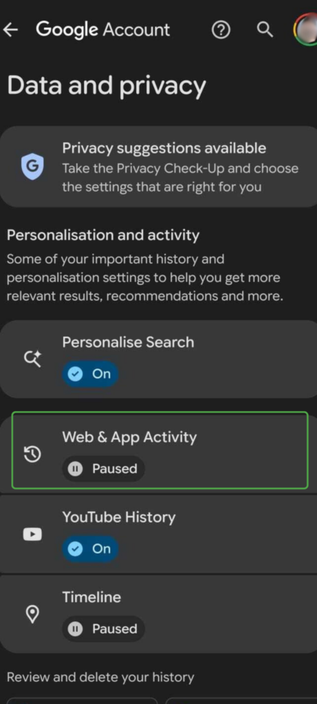 Android phone screen showing the Web & App Activity option highlighted.