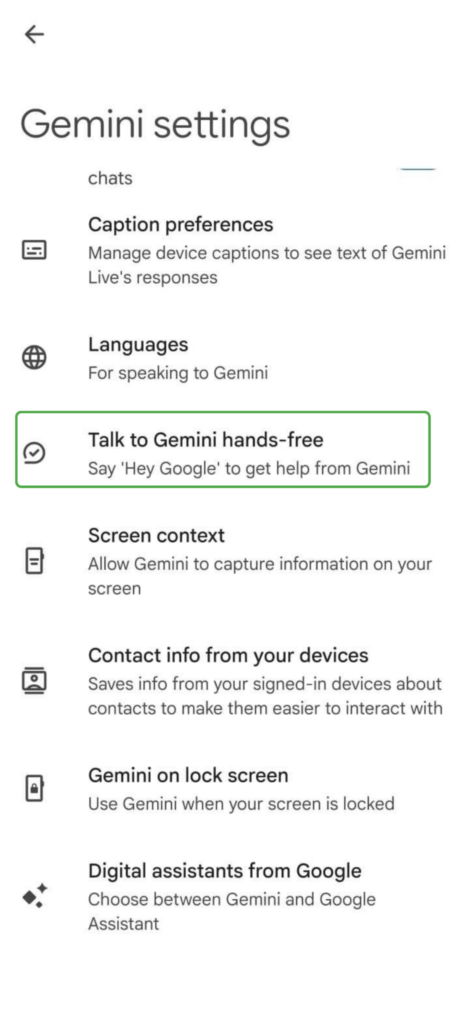 Gemini settings screen with Talk to Gemini hands-free highlighted.