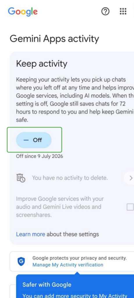 Gemini Apps activity screen with Keep activity option turned off.