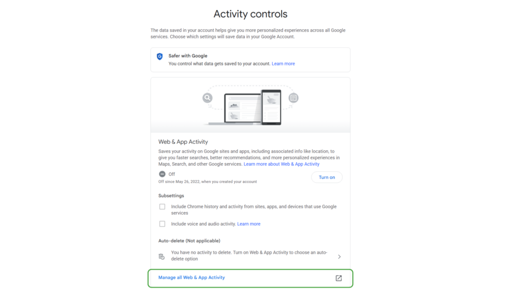 Google Activity controls screen with Manage All Web & App Activity highlighted.