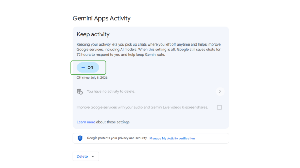 Gemini Apps Activity screen with the Keep activity option turned off.
