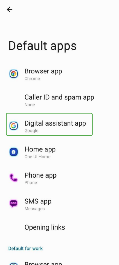 Android Default apps screen with Digital assistant app highlighted.