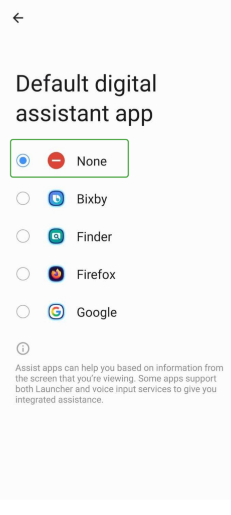 Android Default digital assistant app screen with None highlighted.