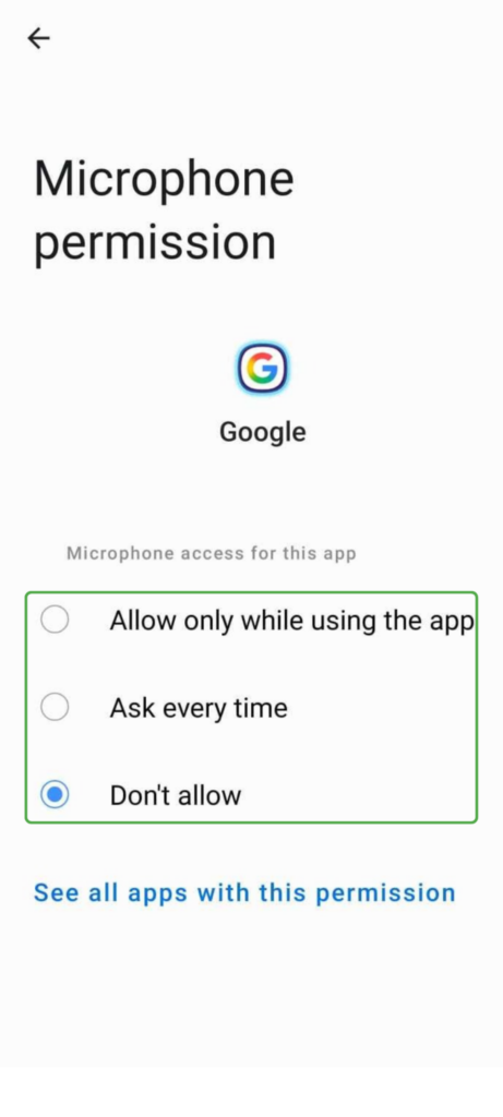 Gemini app Microphone permission screen with three options: Allow while using the app, Ask every time, or Don't allow.