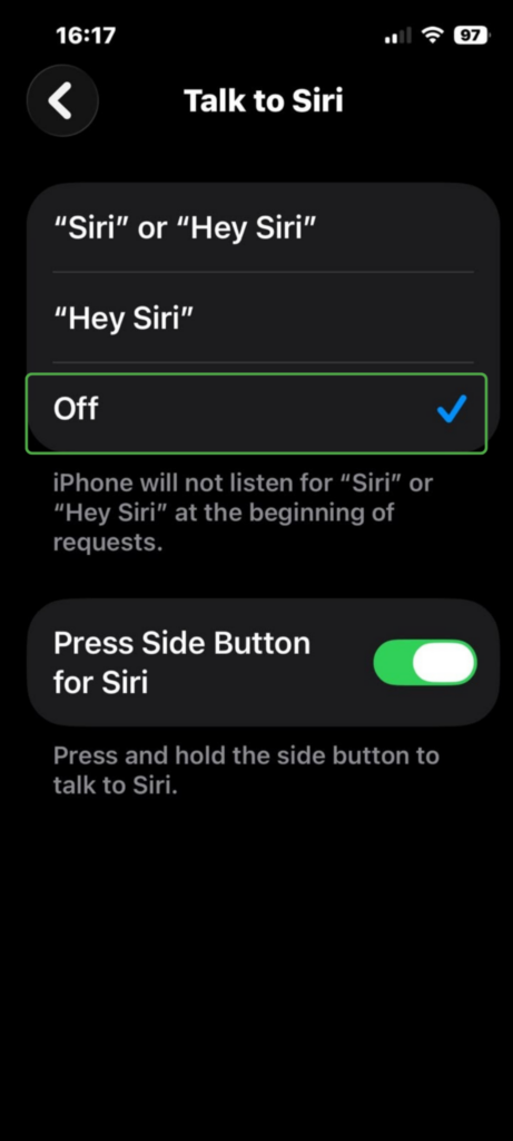 iPhone Talk to Siri menu with Off selected.