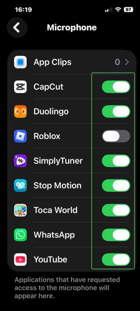 iPhone Microphone settings with a list of apps that have Microphone access enabled.