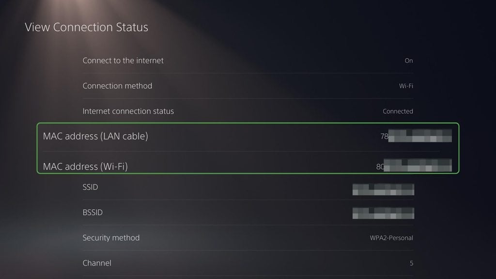 PS5 MAC address in View Connection Status