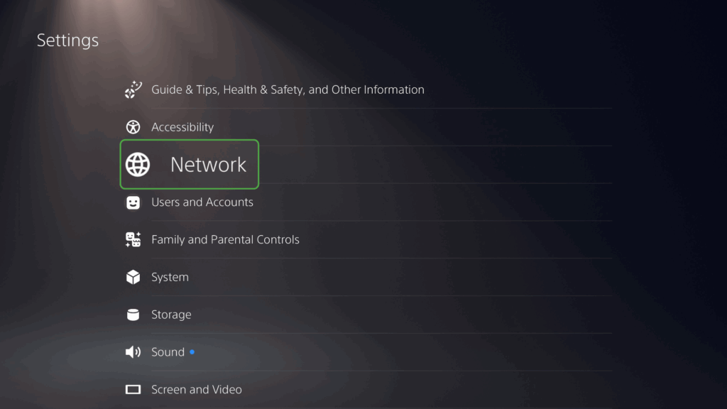 PS5 Settings with Network highlighted.