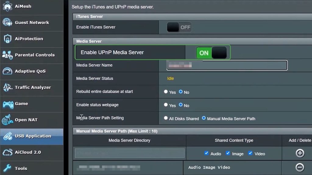 Enable UPnP Media Server option in Asus router settings.