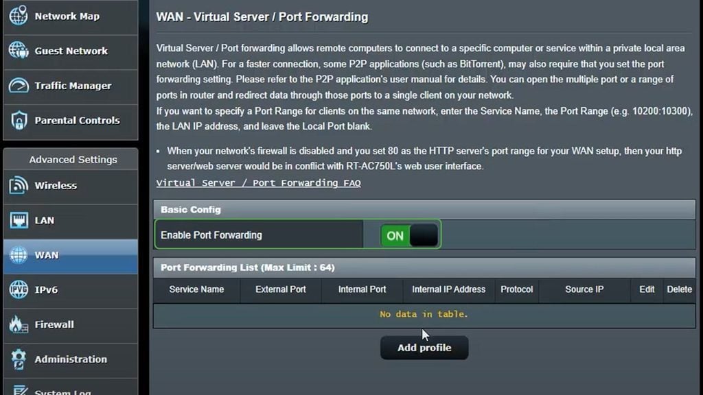 Asus router port forwarding settings.