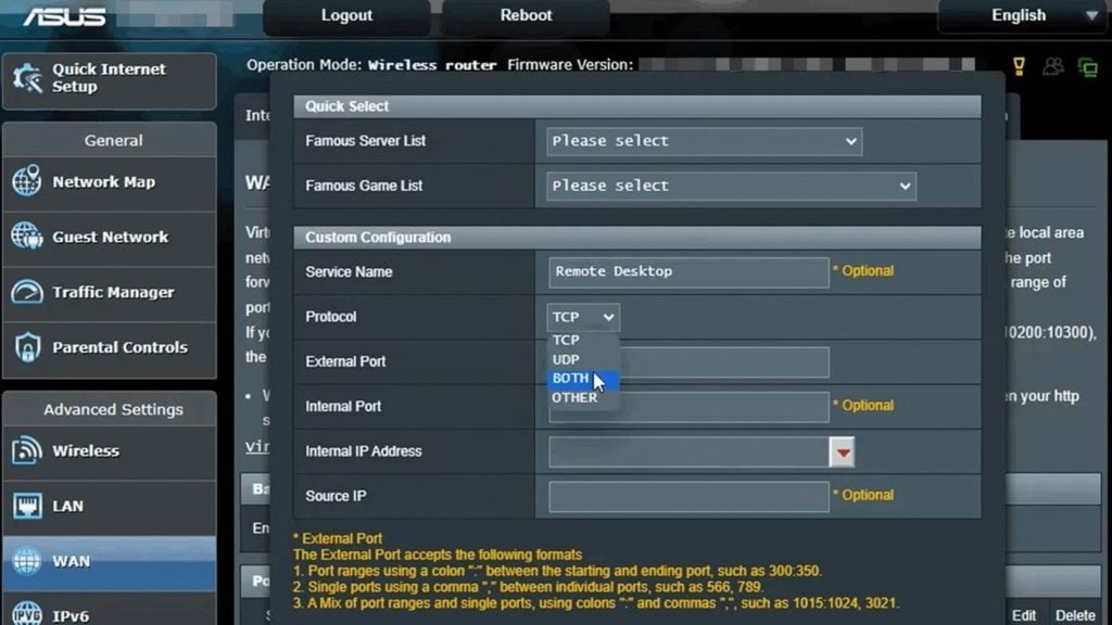 TCP and UDP port forwarding options.