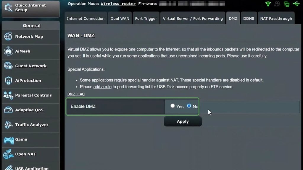DMZ setup on Asus router.