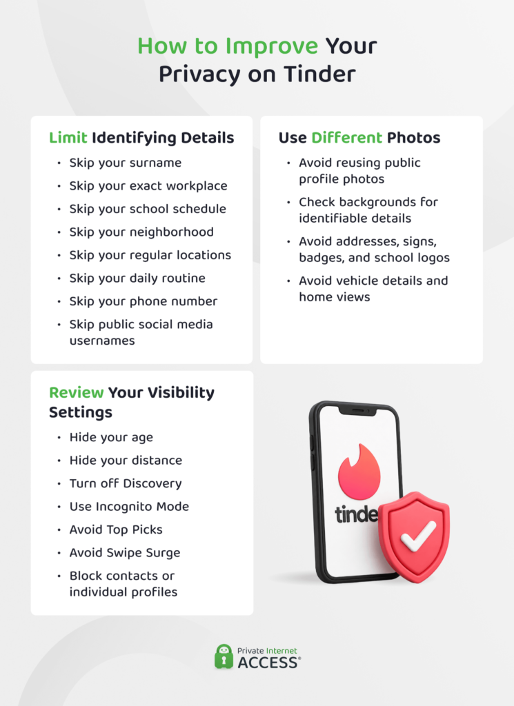 Checklist infographic showing three ways to improve privacy on Tinder by limiting identifying details, using different profile photos, and reviewing visibility settings