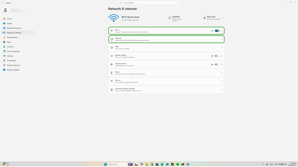 Selecting Wi-Fi or Ethernet