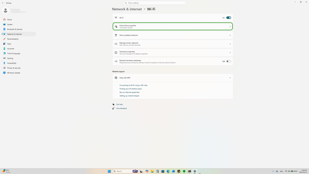 The Windows properties menu for an active network.