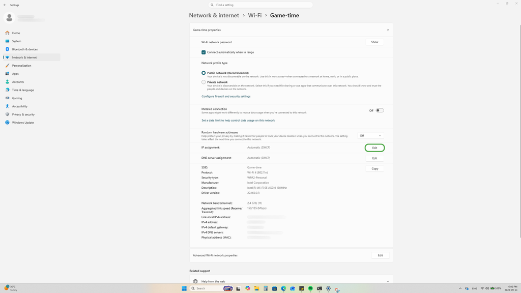 Editing the IP assignment on Windows.
