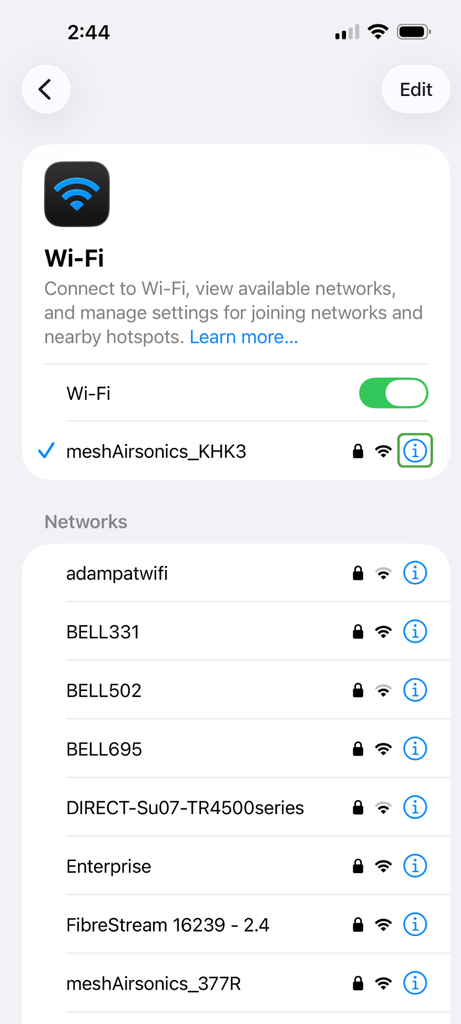 The Wi-Fi setting for iOS.