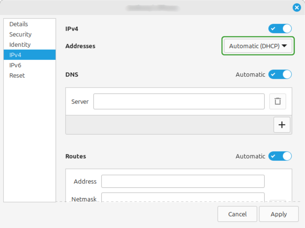 Setting changed to Automatic (DHCP)