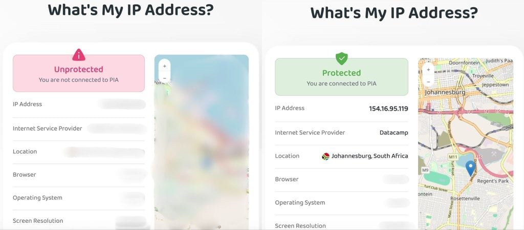 PIA VPN What's My IP Address? website displaying an unprotected connection screen and a protected connection screen side by side.