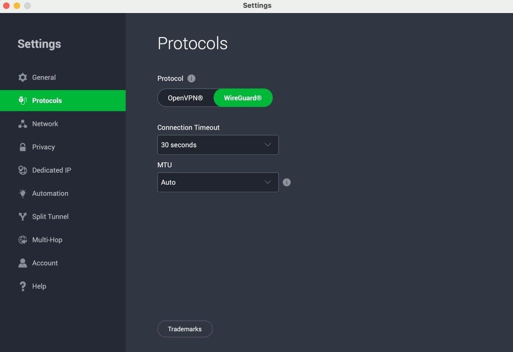 PIA VPN protocols settings screen with WireGuard selected.