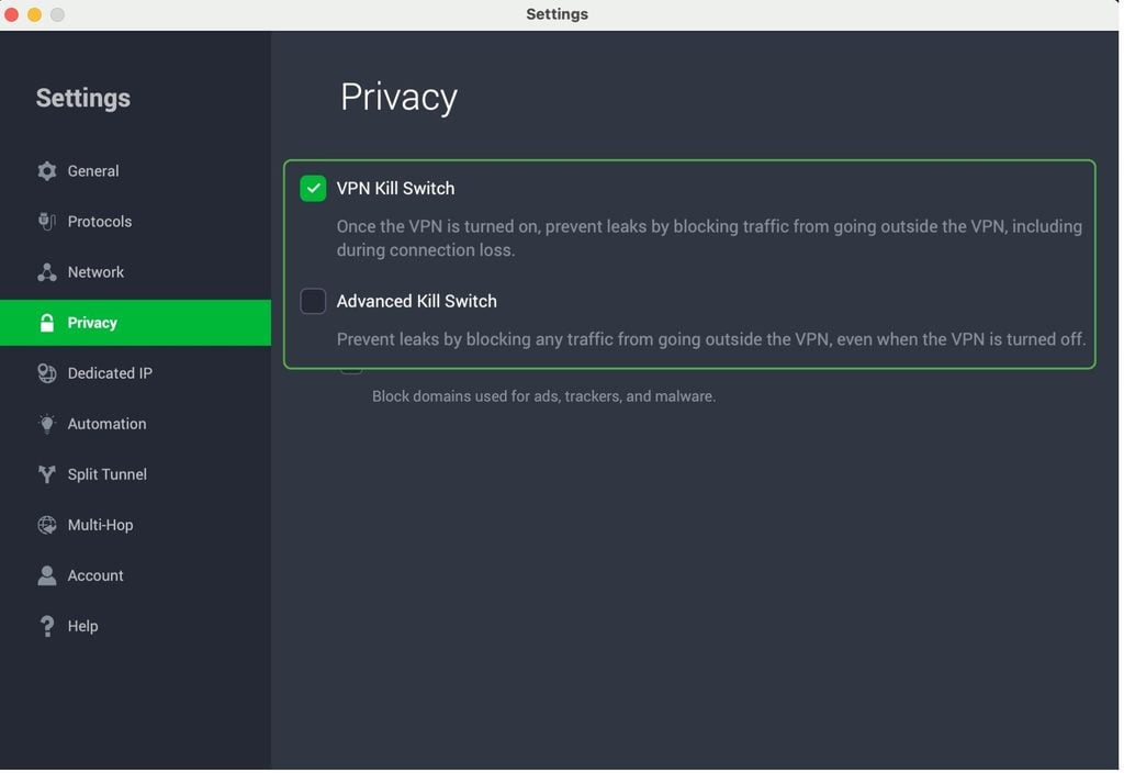 PIA VPN privacy settings screen with VPN Kill Switch checked.
