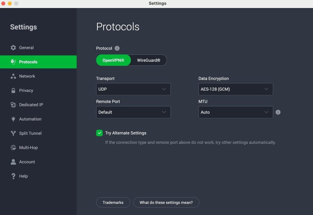 PIA VPN protocols settings screen with OpenVPN selected.

