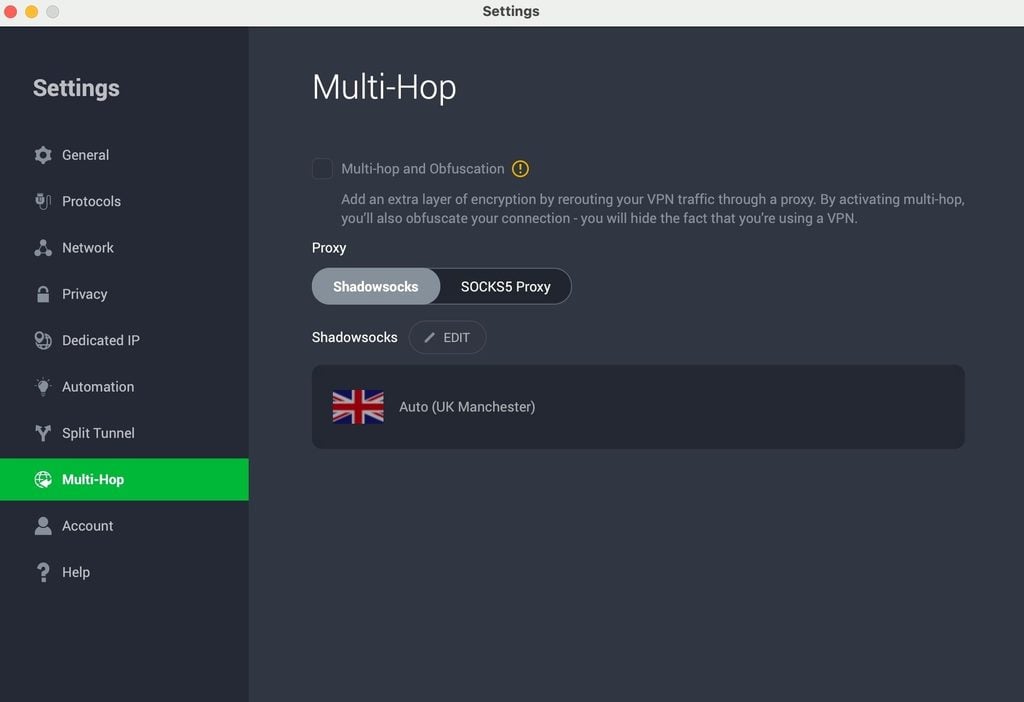 PIA VPN multi-hop settings screen with the multi-hop and obfuscation option disabled.