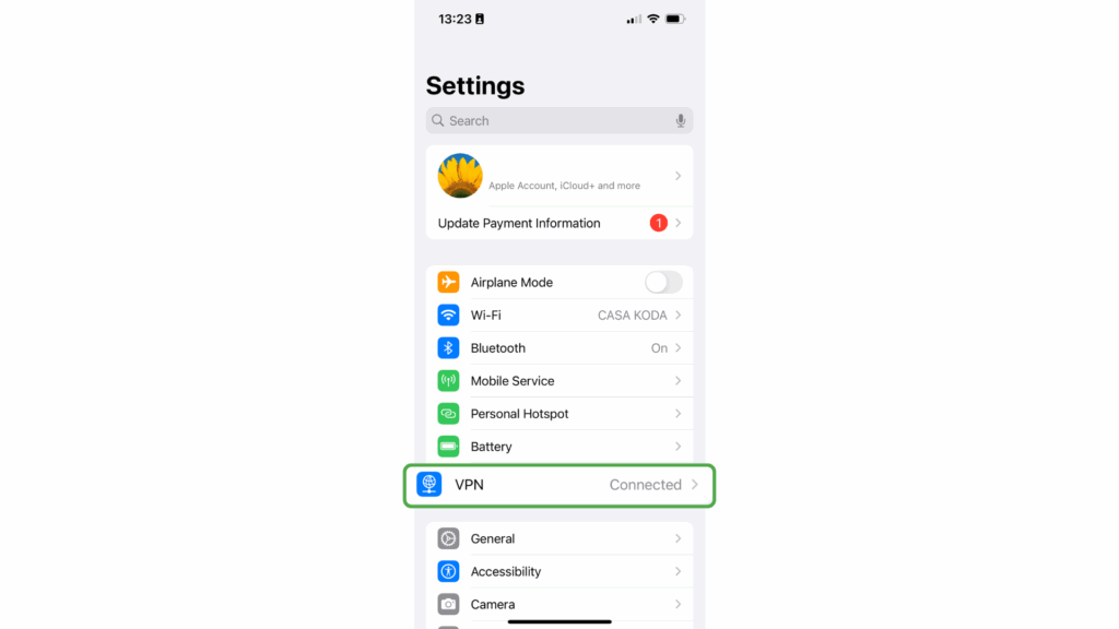 Screenshot of the iPhone Settings menu, highlighting the VPN settings.