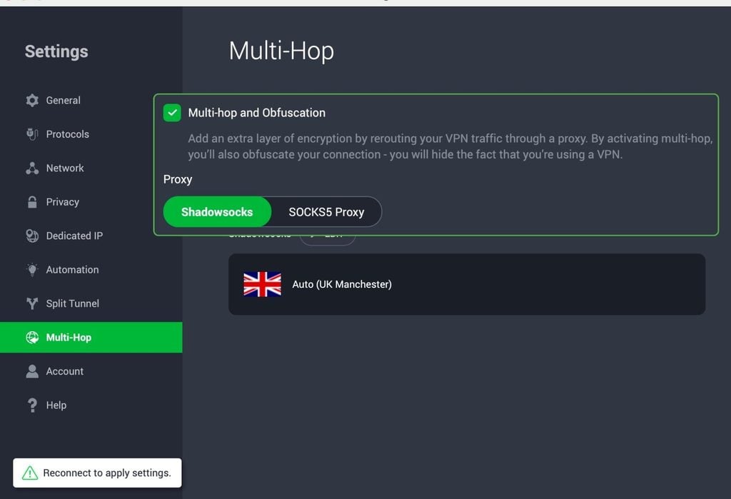 PIA VPN app with Multi-Hop and Obfuscation settings open and checked.