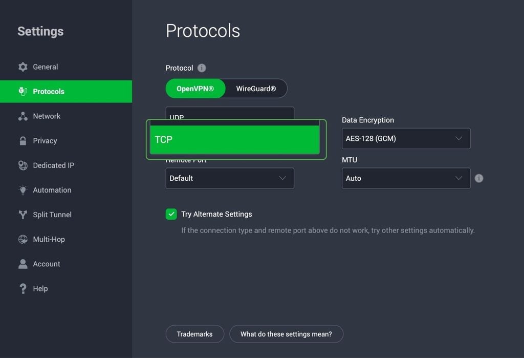 PIA VPN Protocols settings open with TCP highlighted under protocol options.