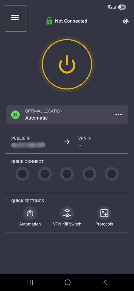 PIA's Android app home interface.
